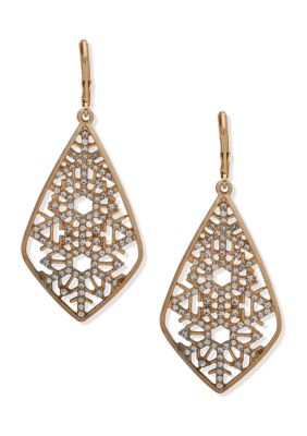 Gold Tone Crystal Openwork Snowflake Drop Earrings