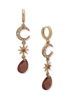 Gold Tone Burgundy Pave Star Moon Linear Earrings