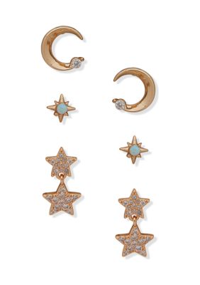 Gold Tone Crystal Star Moon Stone Stud Trio Earrings