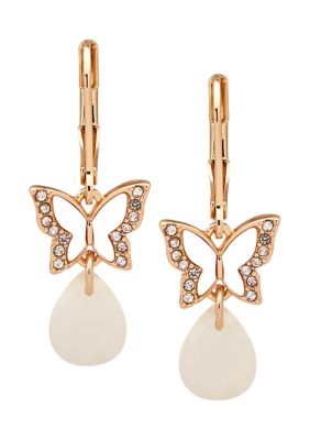 Gold Tone White Butterfly Stone Drop Earrings