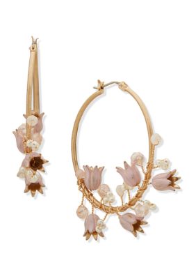 Gold Tone Pink Flower Hoop Earrings