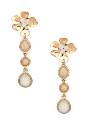 Gold Tone White Flower Linear Earrings