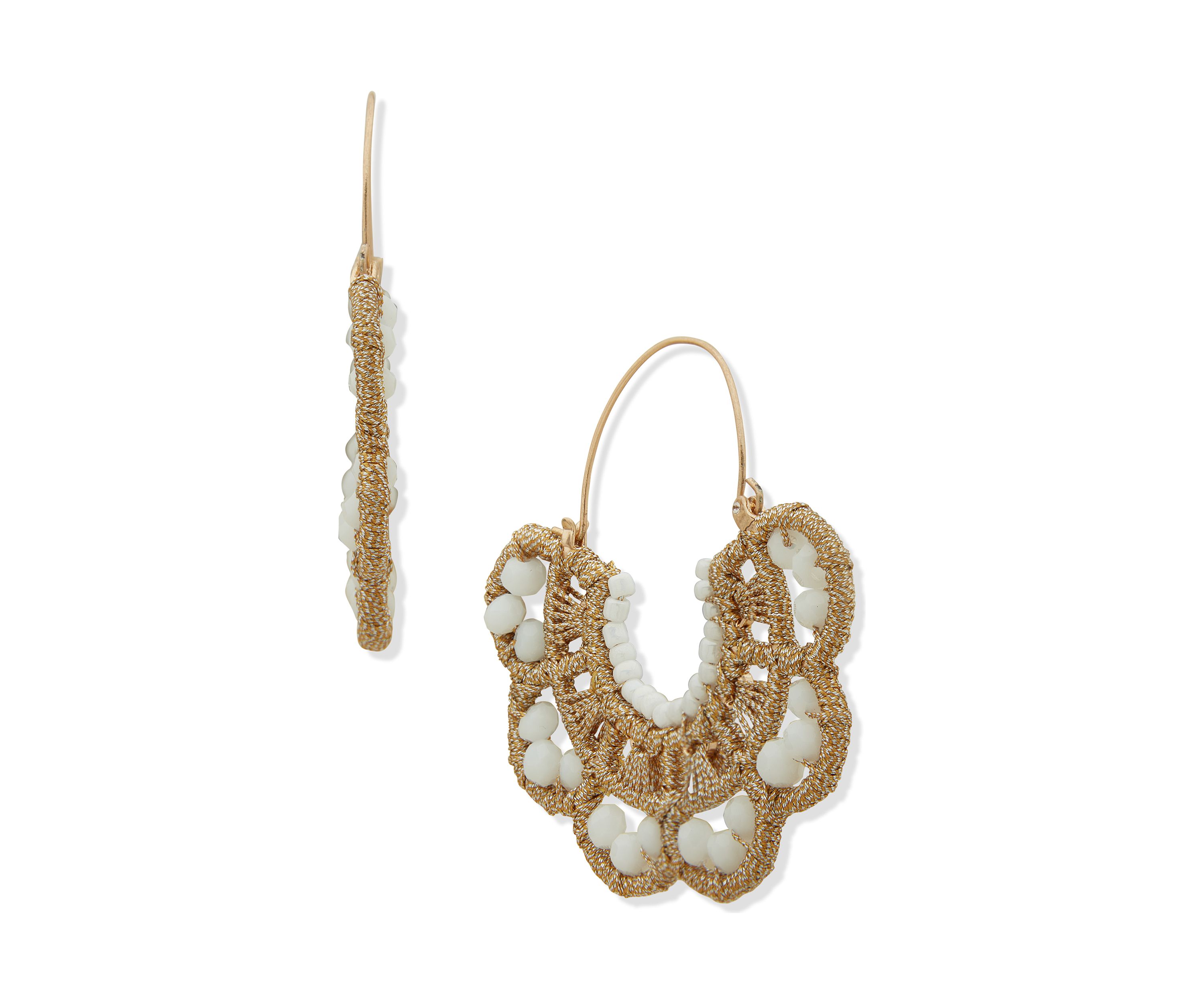 Gold Tone White Scalloped Crochet Hoop Earrings