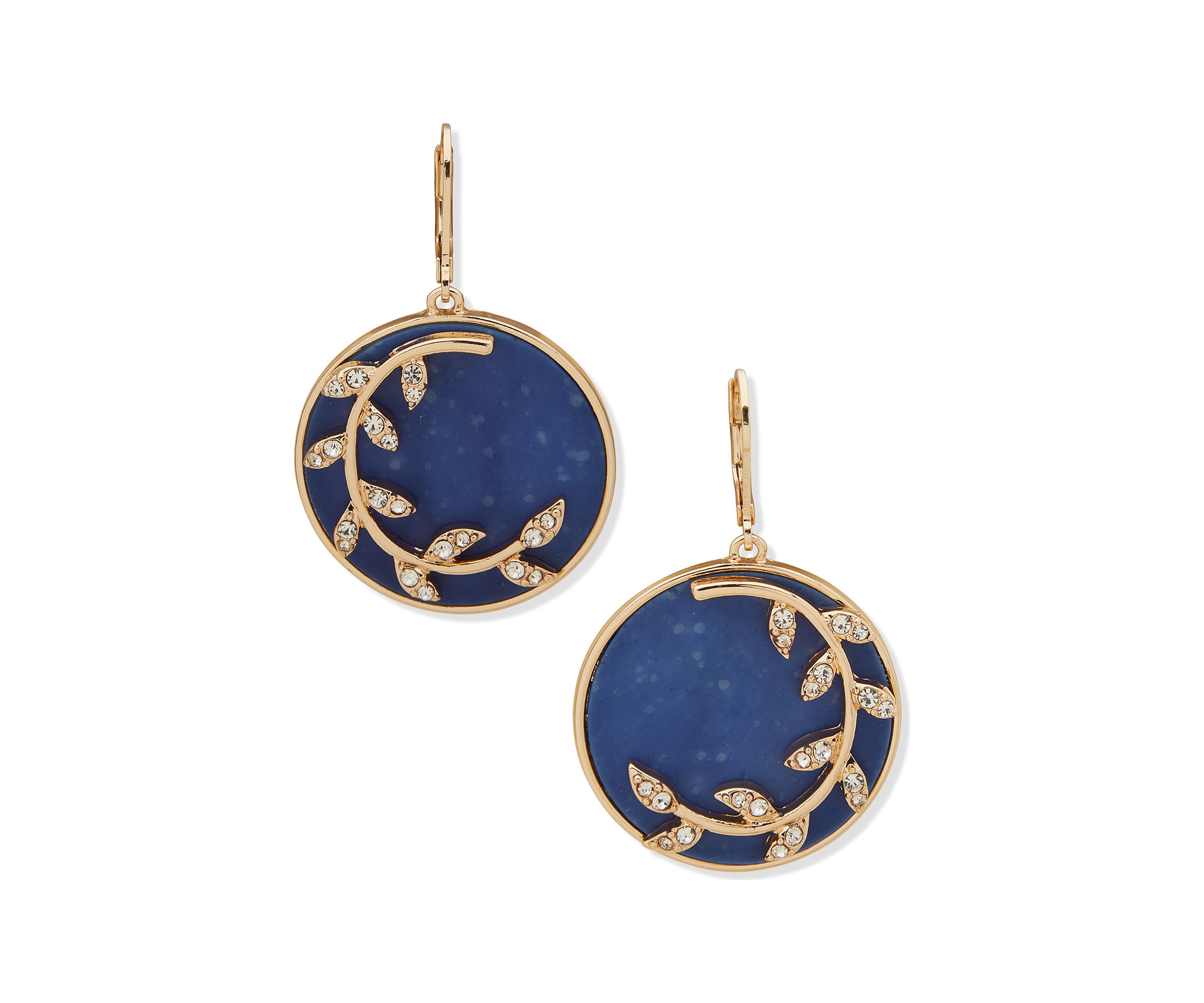 Gold Tone Blue Branch Disc Drop Earrings