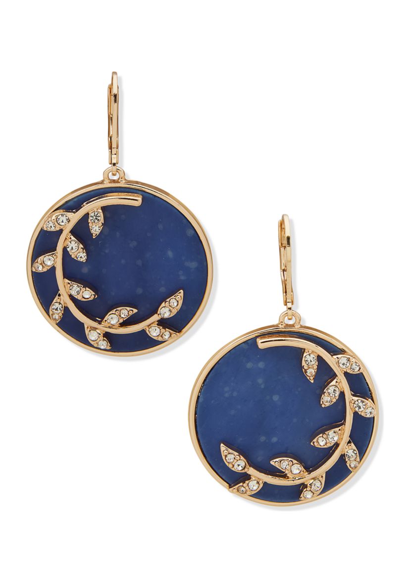 Gold Tone Blue Branch Disc Drop Earrings