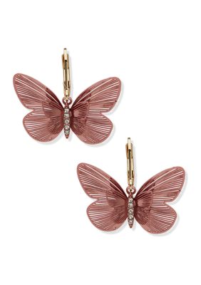 Gold Tone Burgundy Butterfly Drop Earrings