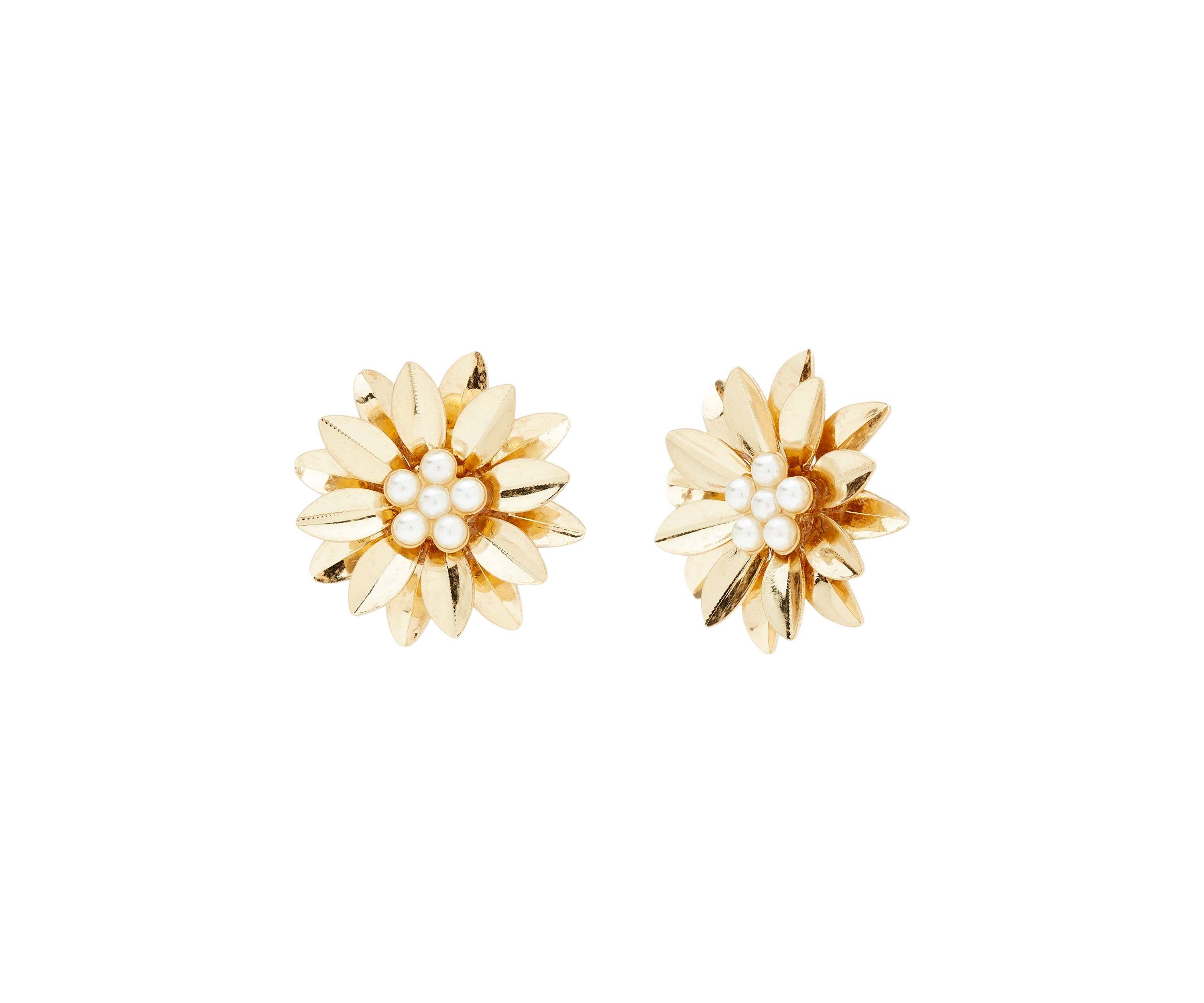 Gold Tone Pearl Center Flower Stud Earrings