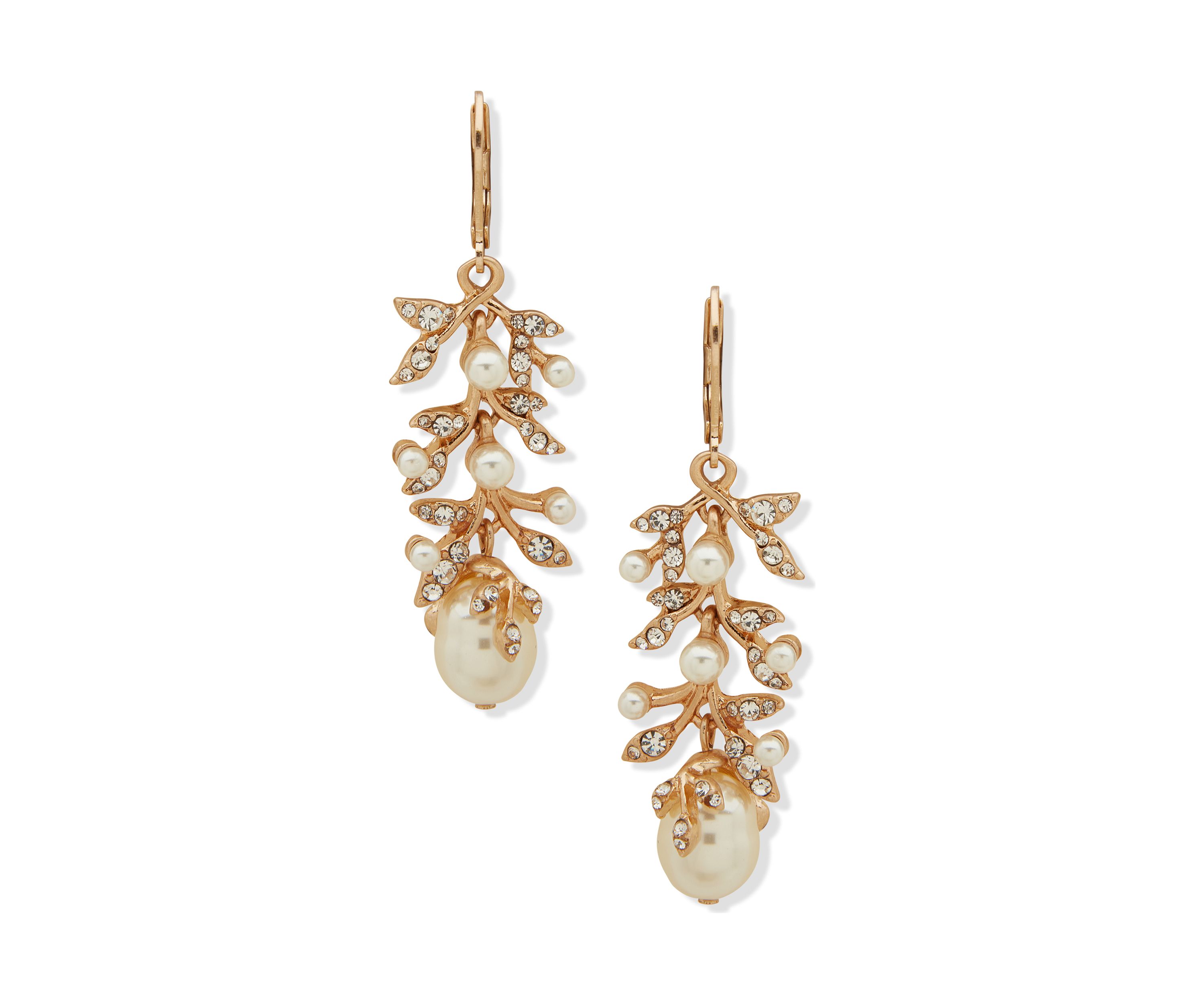 Gold Tone Crystal Pearl Linear Branch Earrings