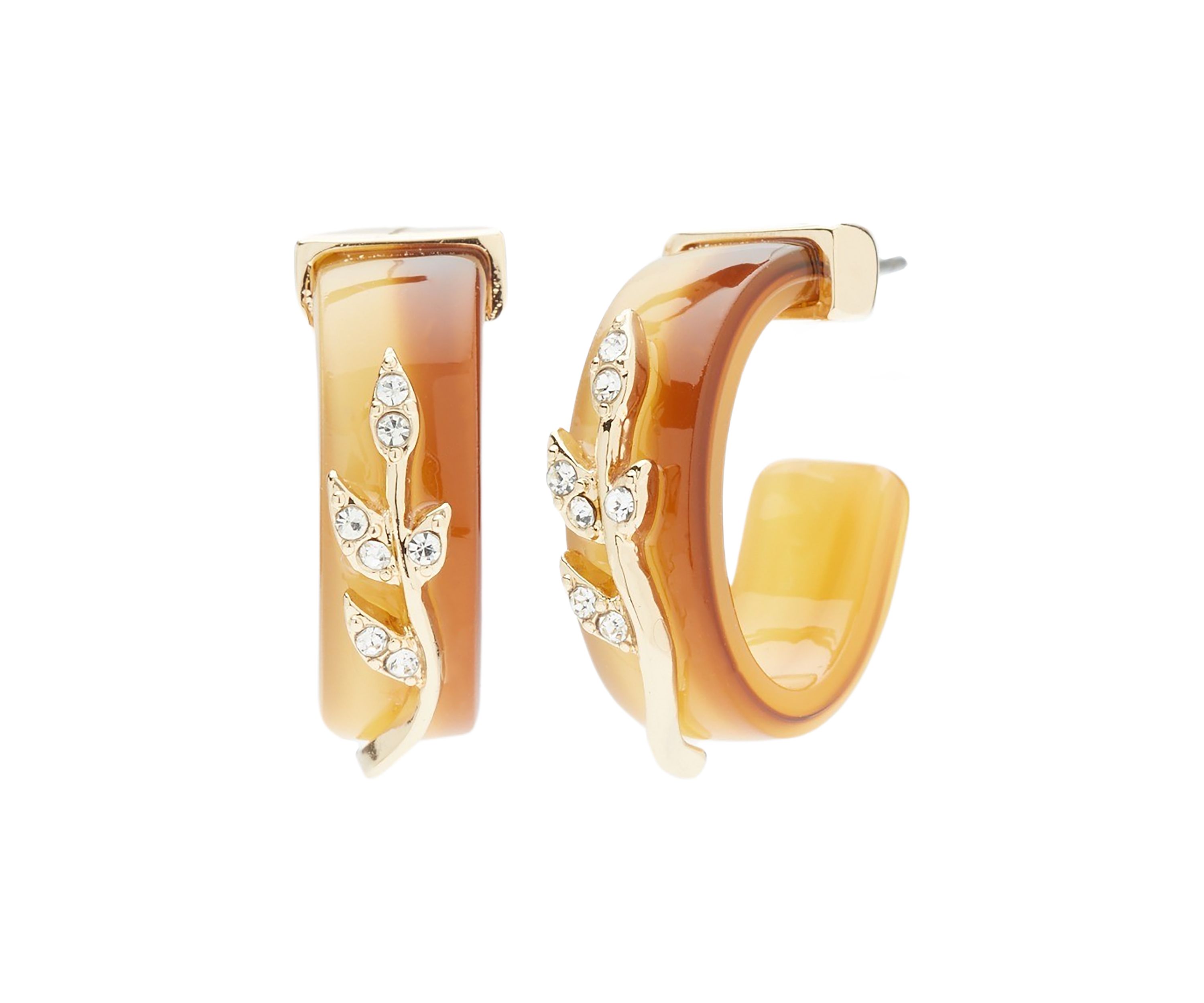Gold Tone Brown Pave Branch Hoop Earrings