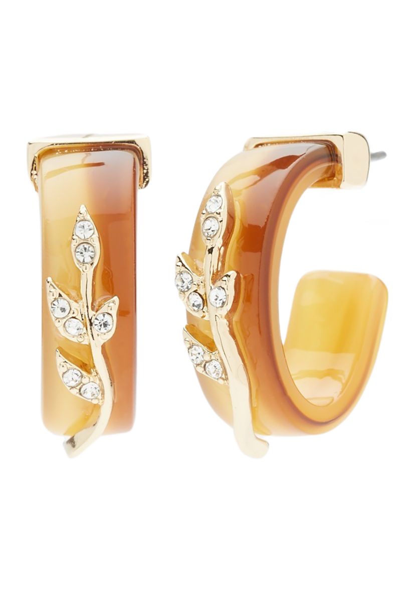 Gold Tone Brown Pave Branch Hoop Earrings