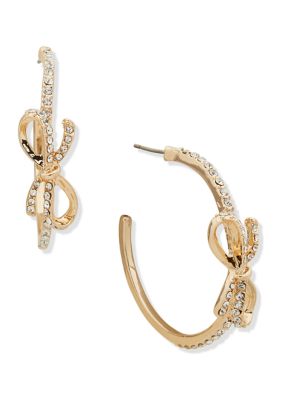 Gold Tone 40 Millimeter Crystal Bow C Hoop Earrings
