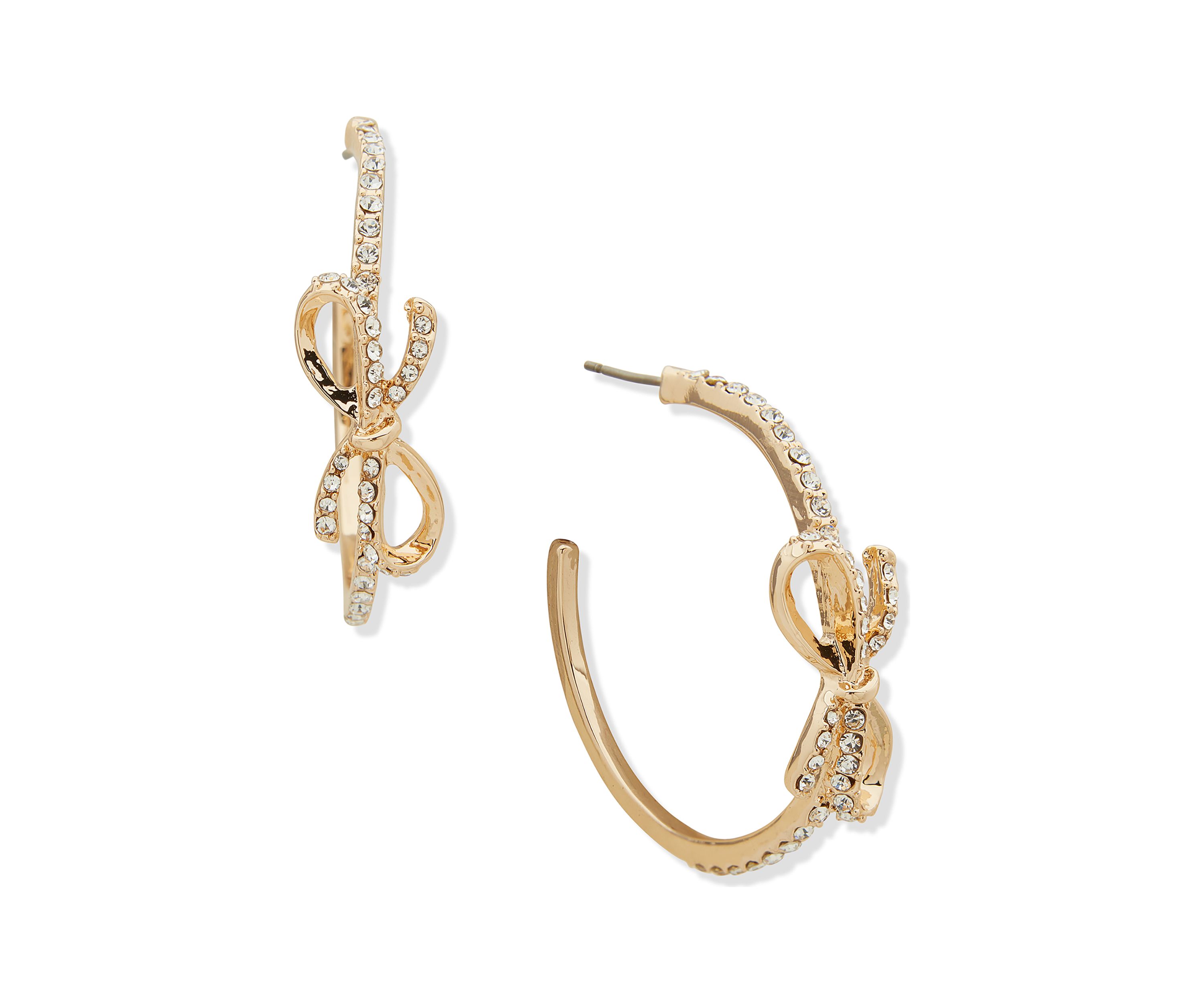 Gold Tone 40 Millimeter Crystal Bow C Hoop Earrings