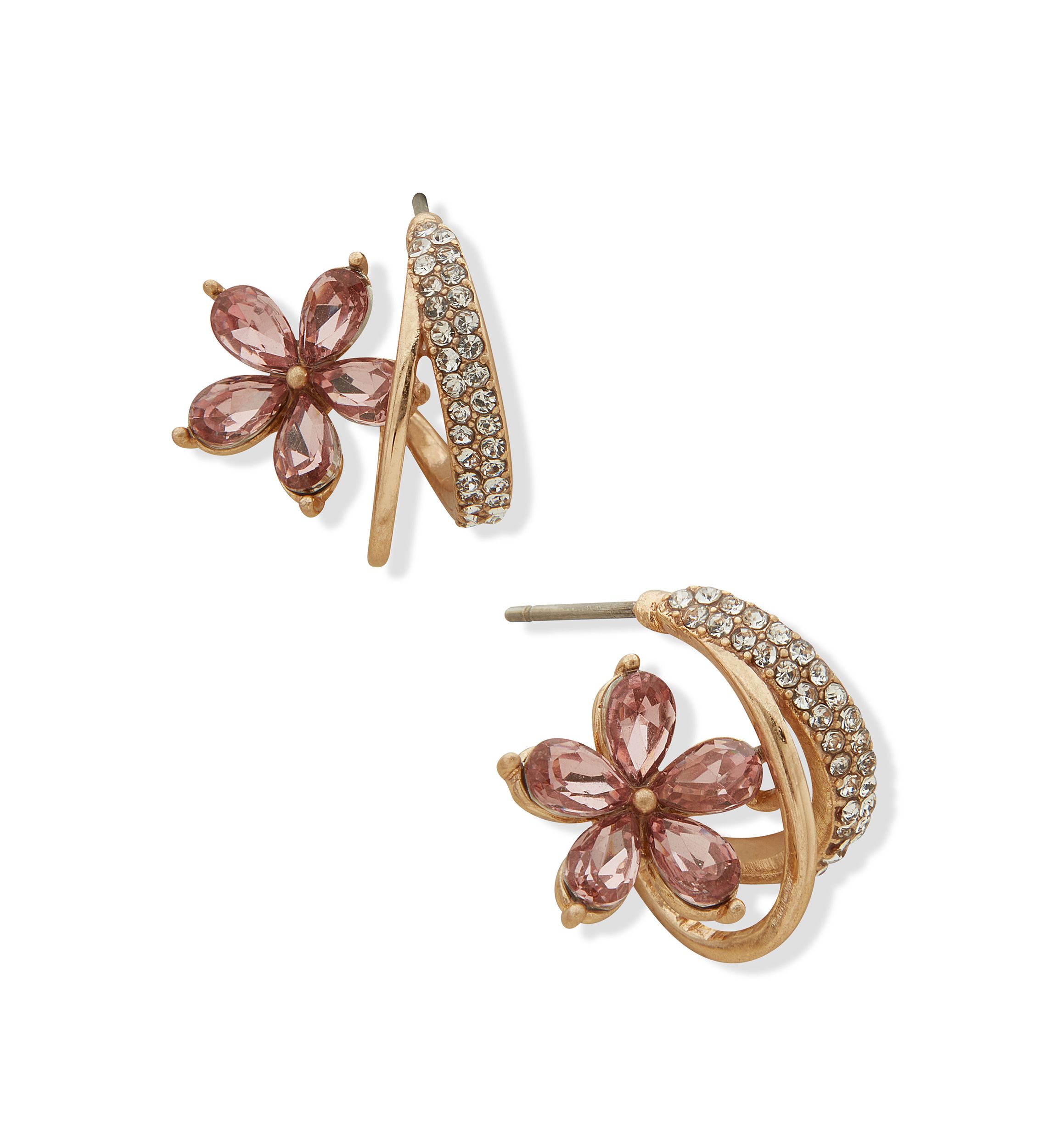 Gold Tone Pink Stone Flower C Hoop Earrings