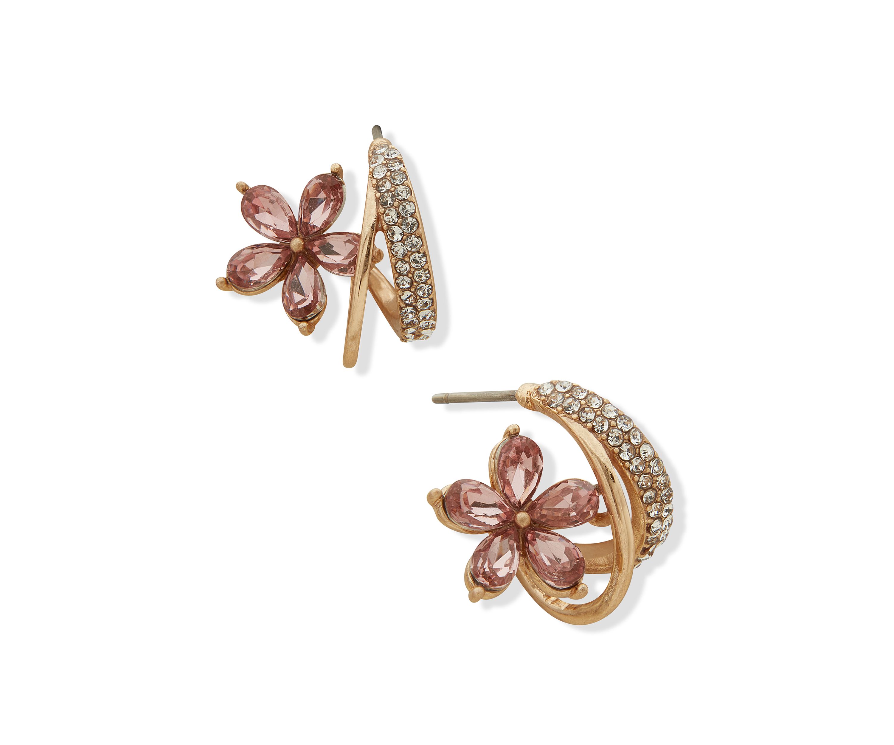 Gold Tone Pink Stone Flower C Hoop Earrings
