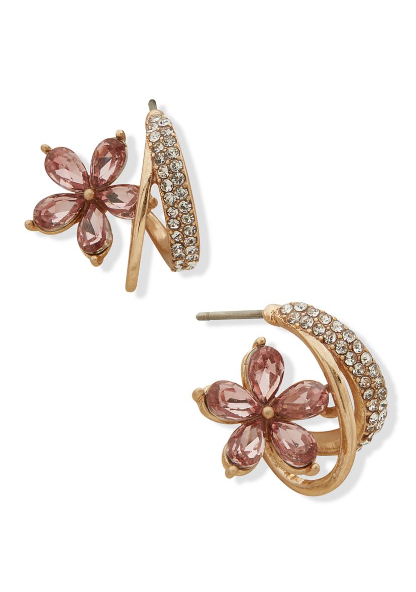 Gold Tone Pink Stone Flower C Hoop Earrings