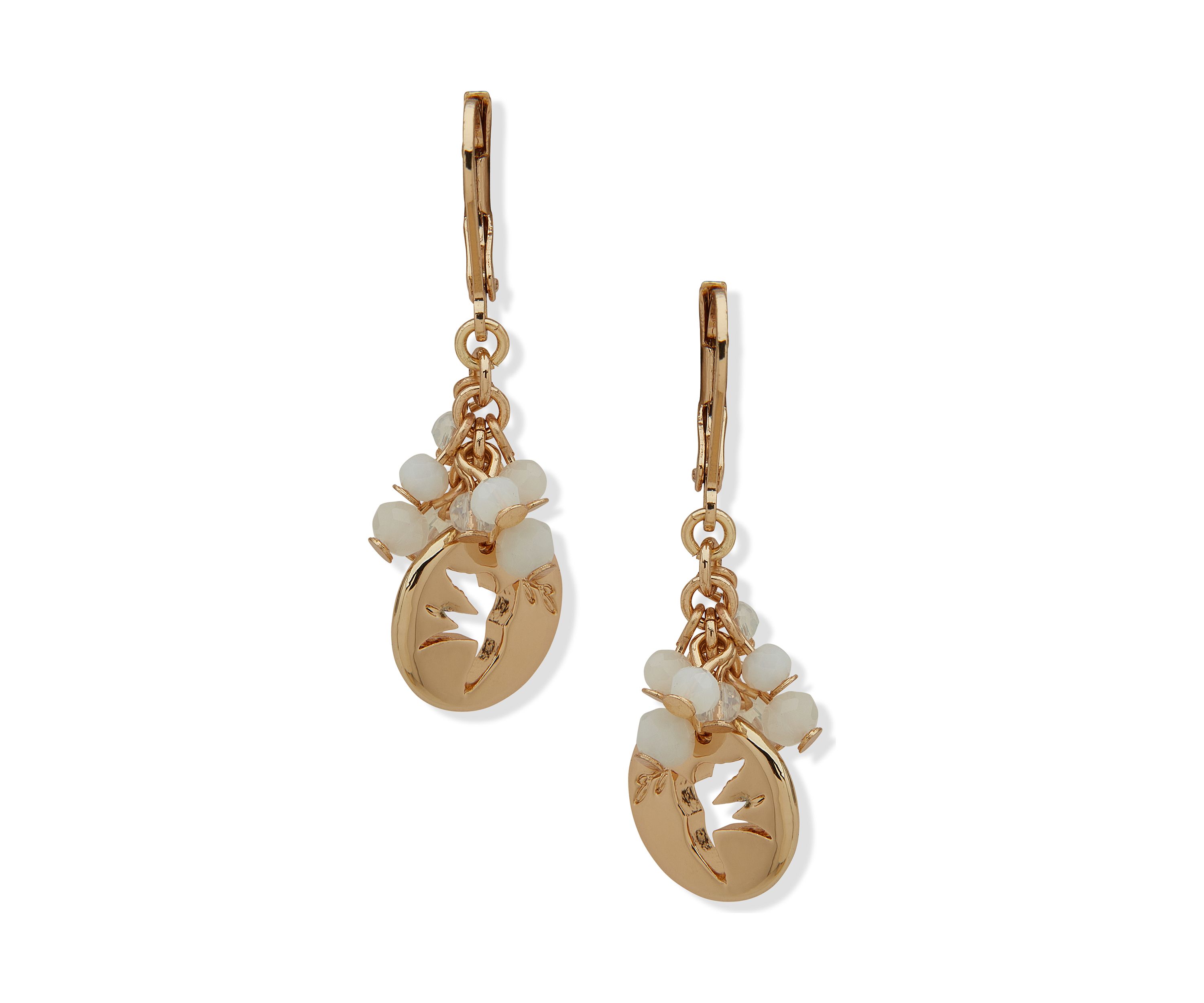 Gold Tone White Cluster Bird Drop Earrings