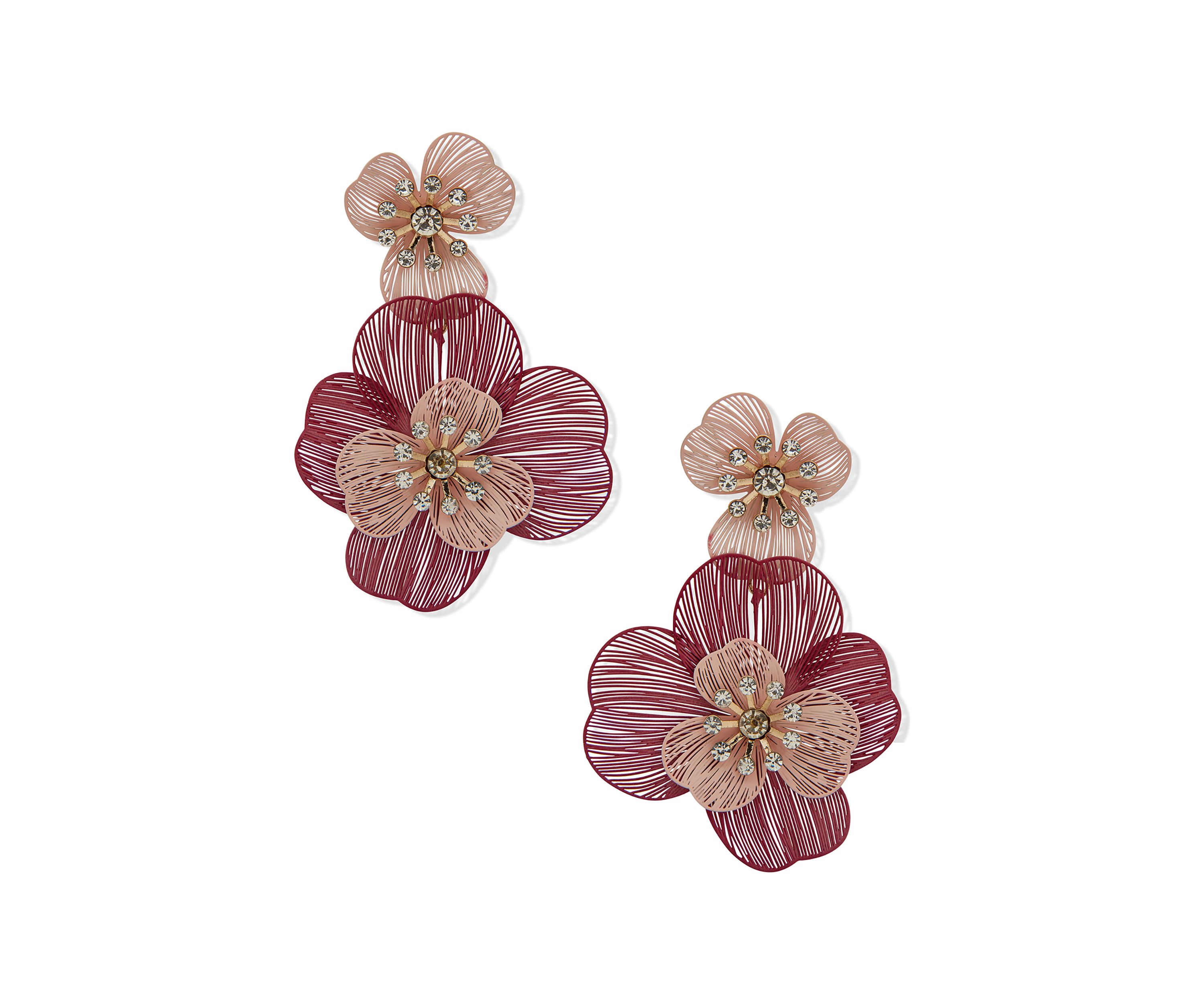 Gold Tone Multi Layered Flower Double Drop Earrings