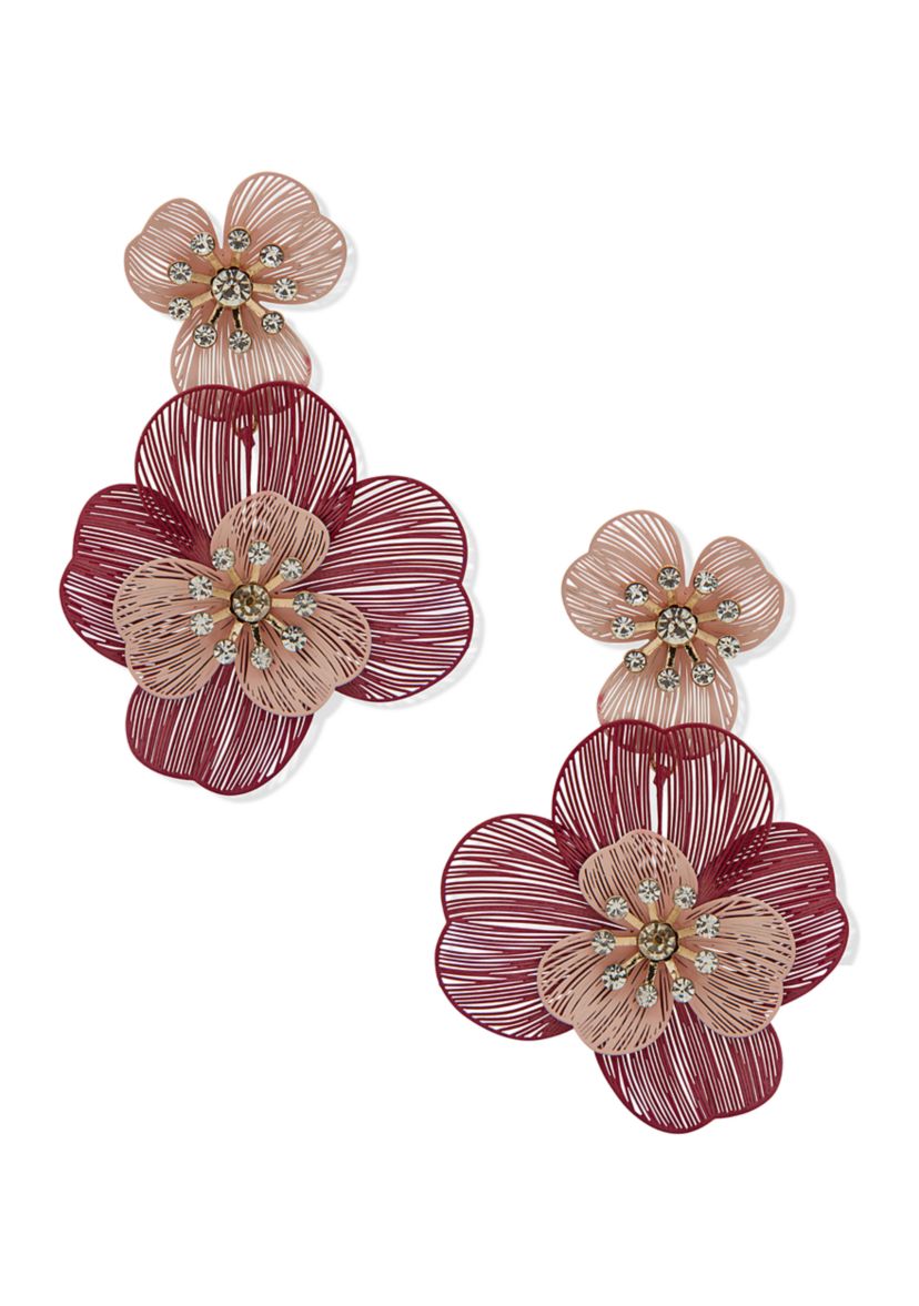 Gold Tone Multi Layered Flower Double Drop Earrings
