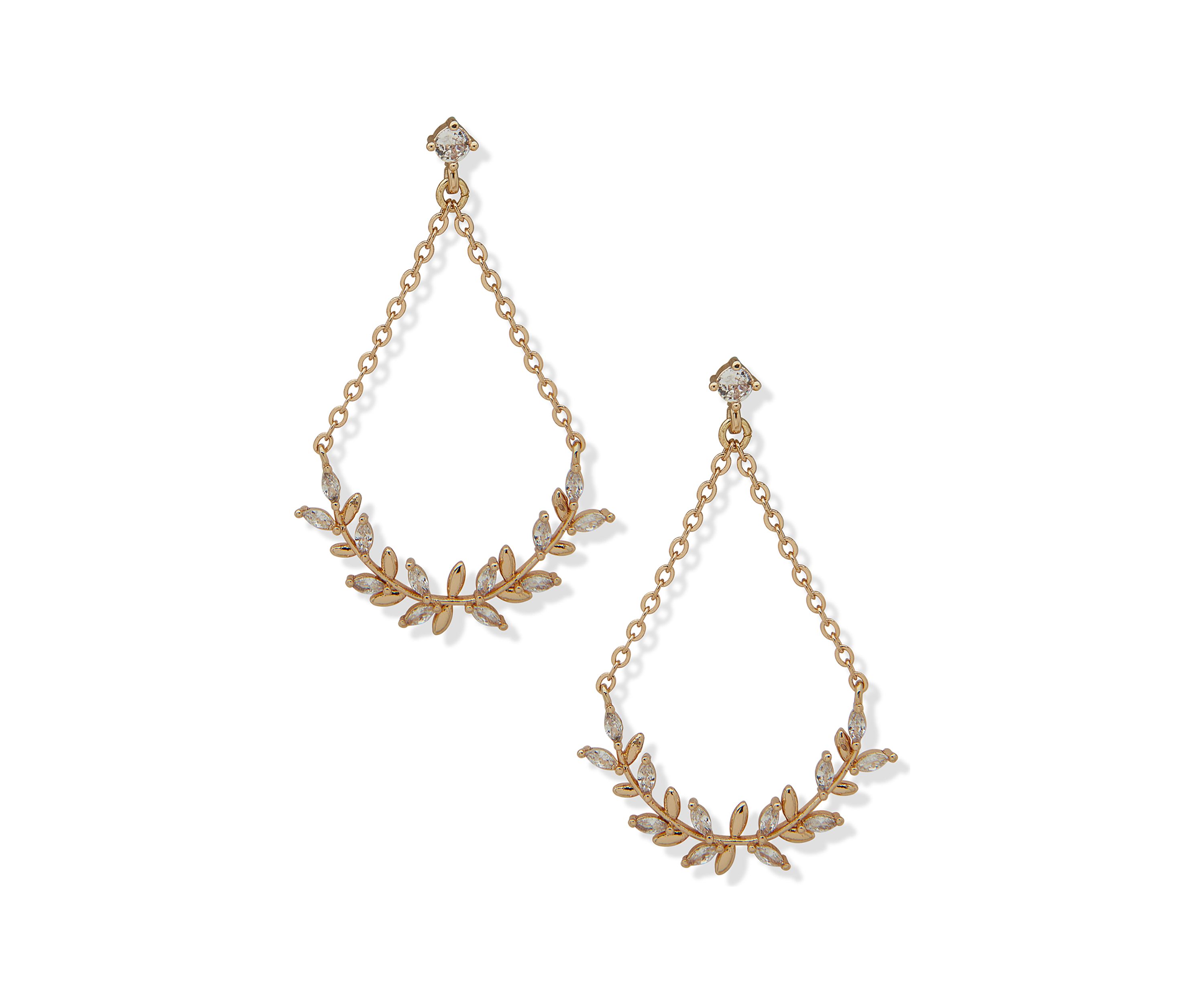 Gold Tone White Cubic Zirconia Branch Drop Earrings