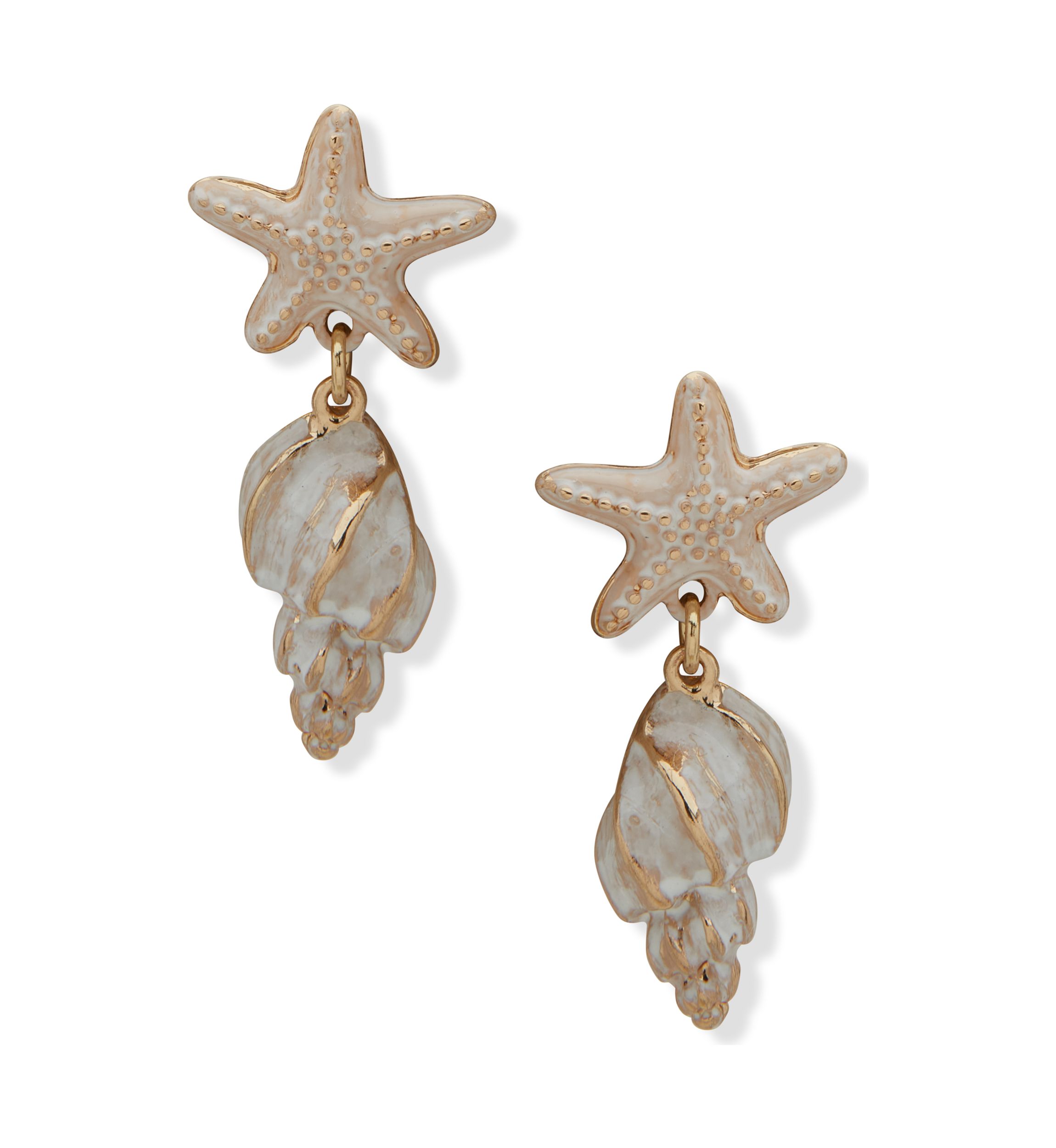 Gold Tone White Post Starfish Drop Earrings