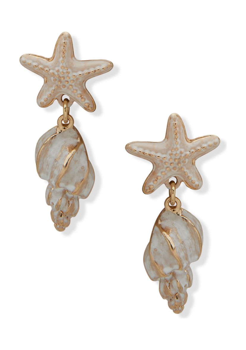 Gold Tone White Post Starfish Drop Earrings