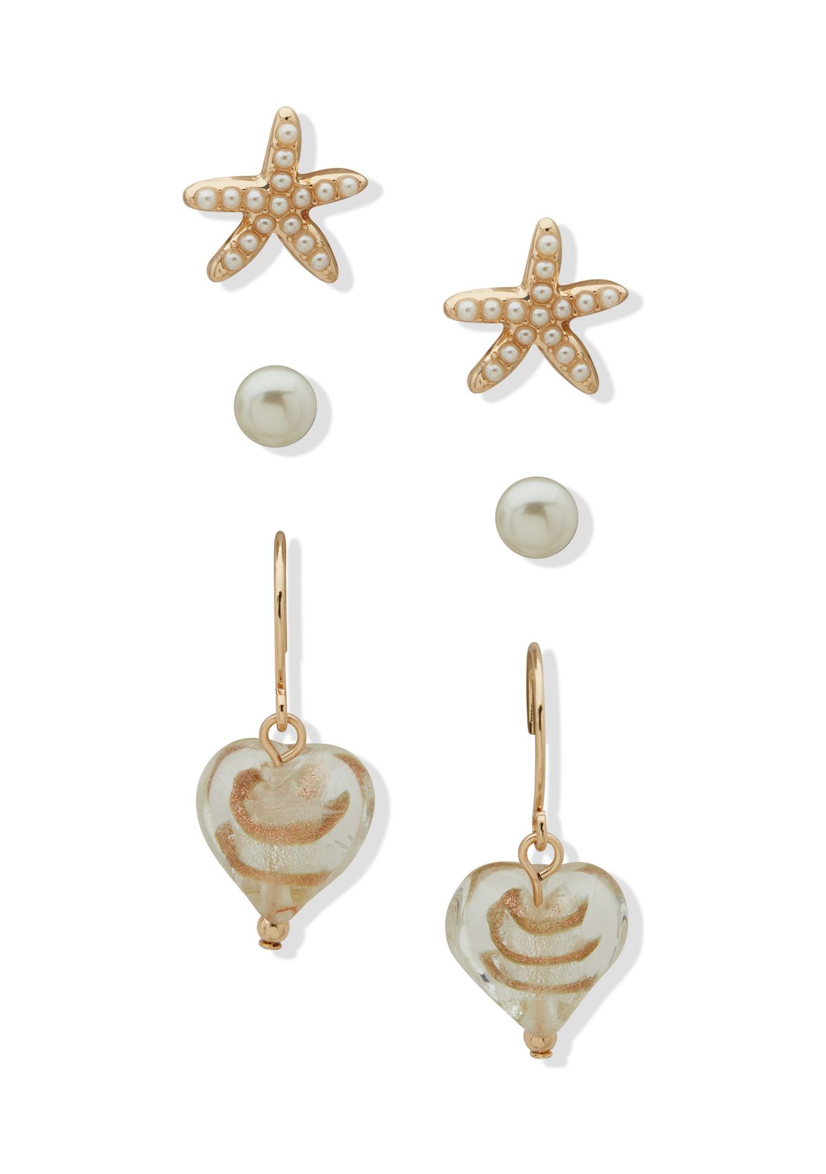 Gold Tone White Seashell Trio Earrings Set