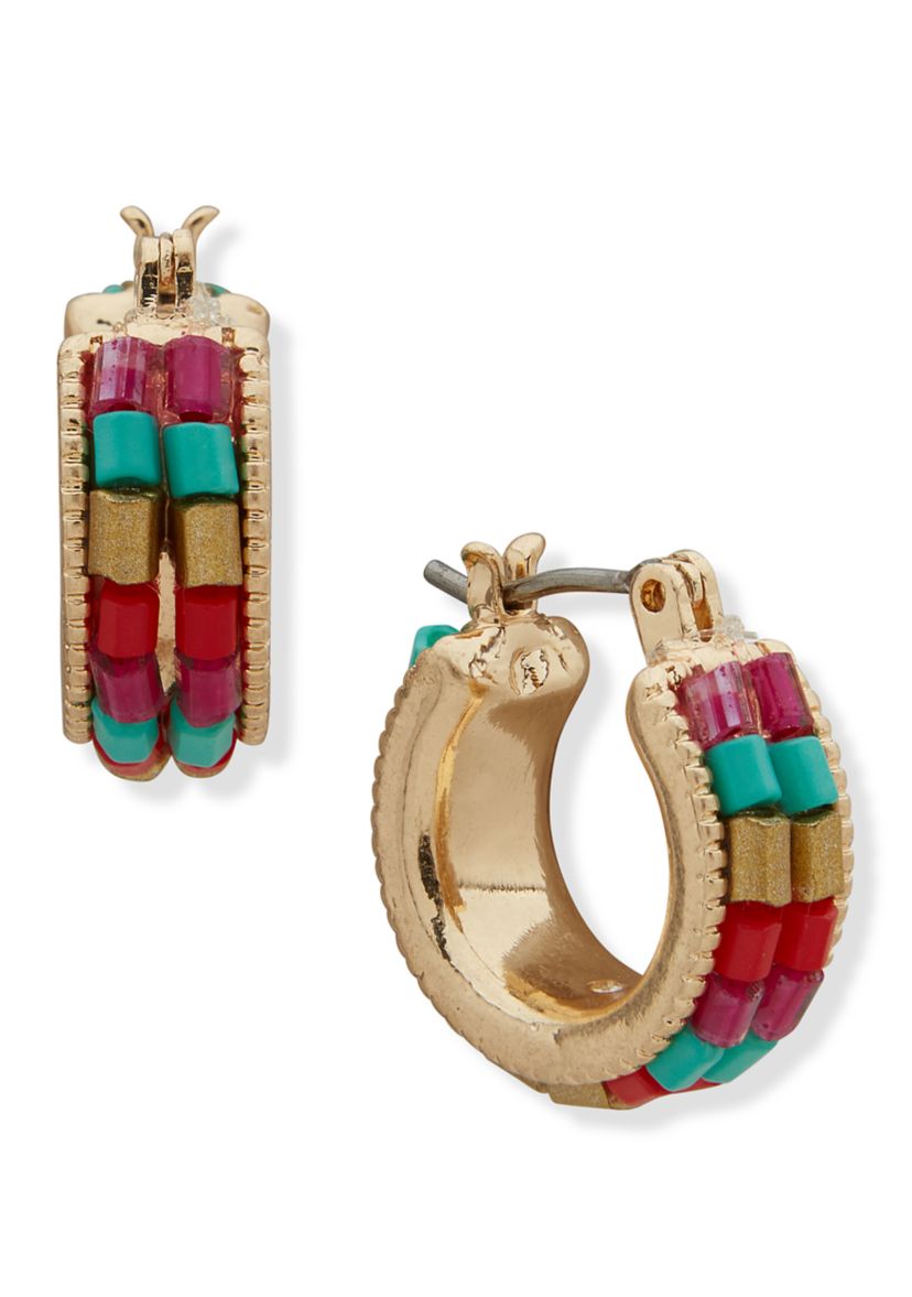 Gold Tone 14mm Beaded Hoop Earrings