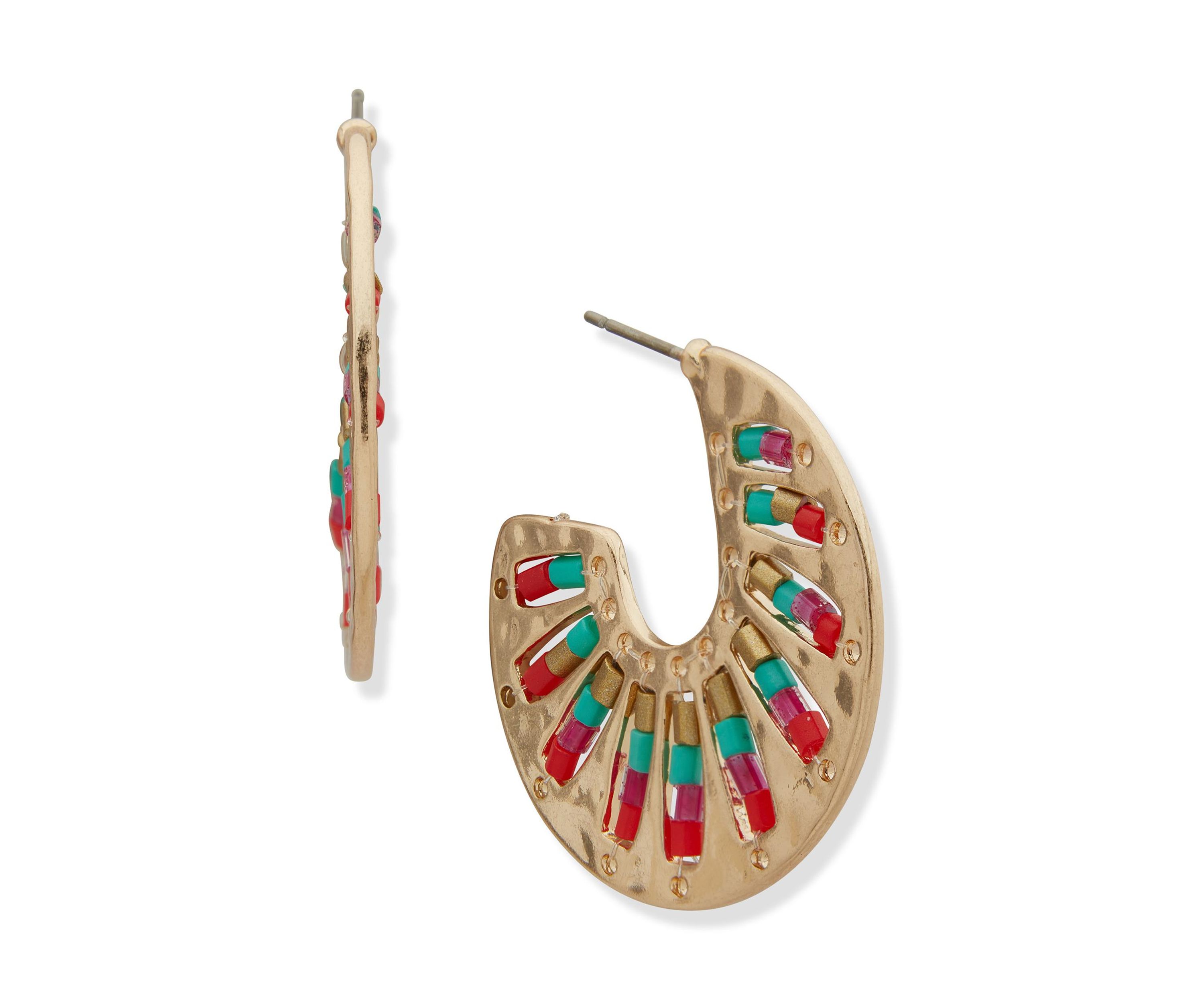Gold Tone Multi Beaded C Hoop Earrings