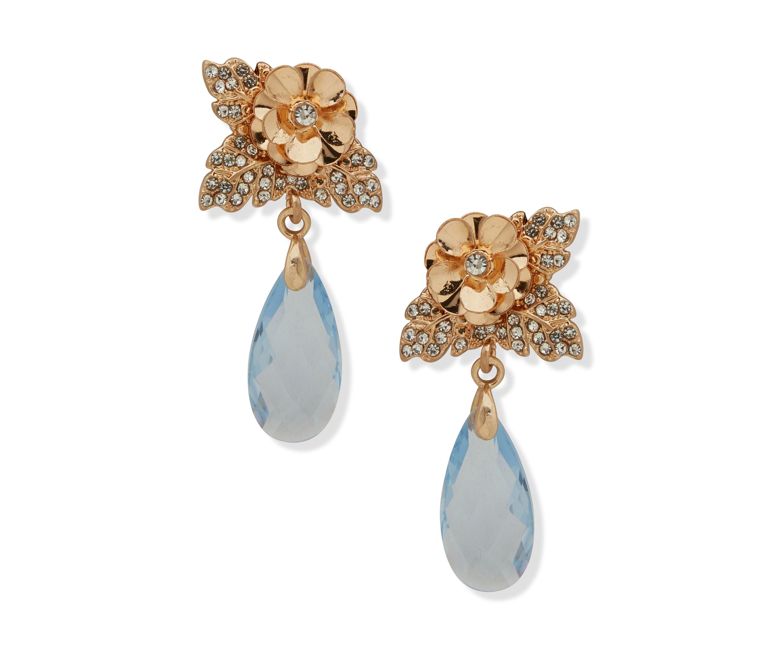 Gold Tone Blue Flower Stone Drop Earrings