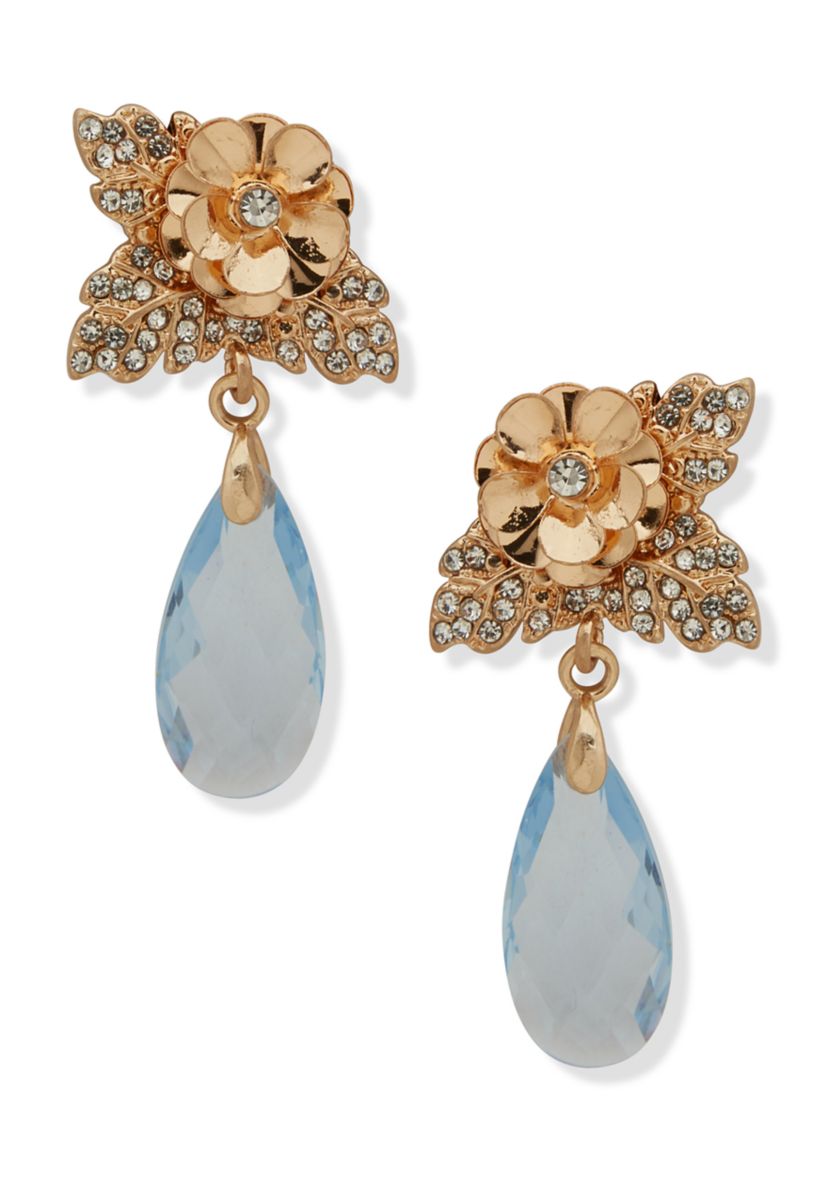 Gold Tone Blue Flower Stone Drop Earrings