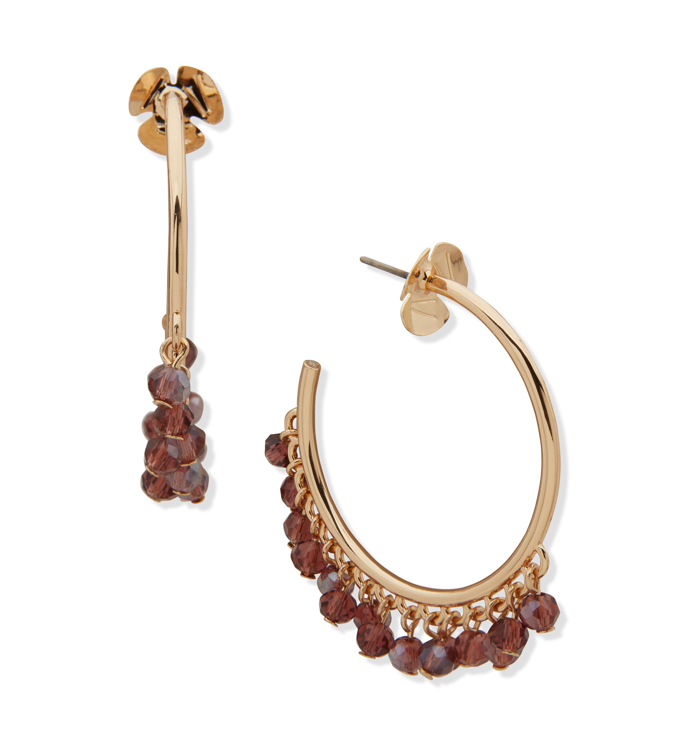 Gold Tone Burgundy Beaded Hoop Earrings