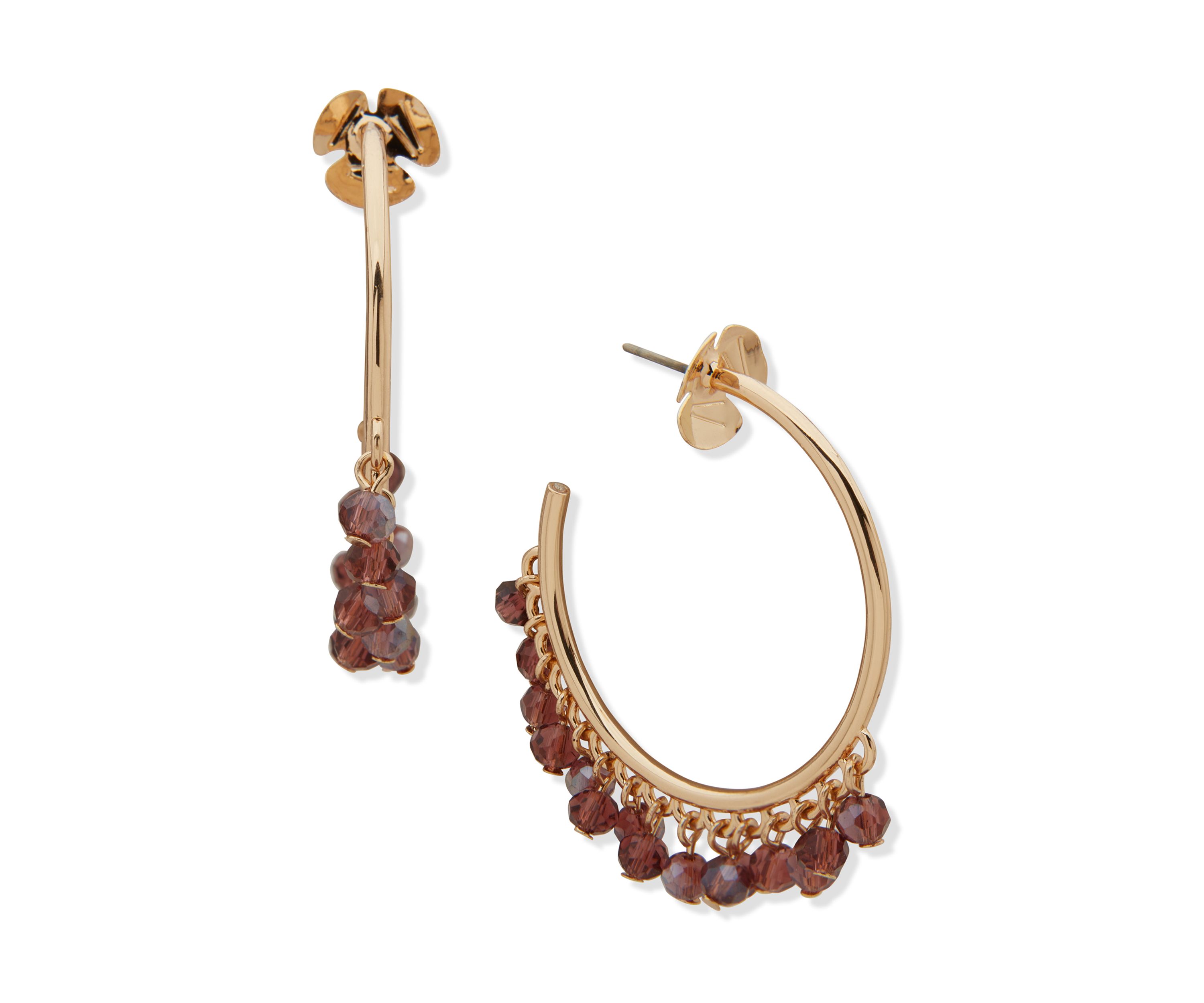 Gold Tone Burgundy Beaded Hoop Earrings