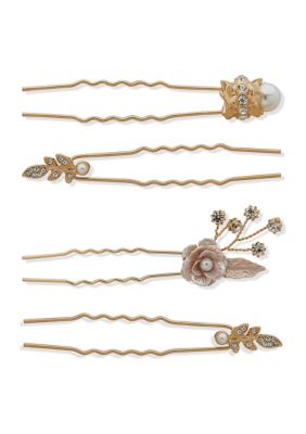 Gold Tone Blush Flower Hair Pins 