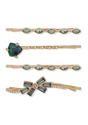 Gold Tone Blue and Green Flower Hair Barrette - Set of 4