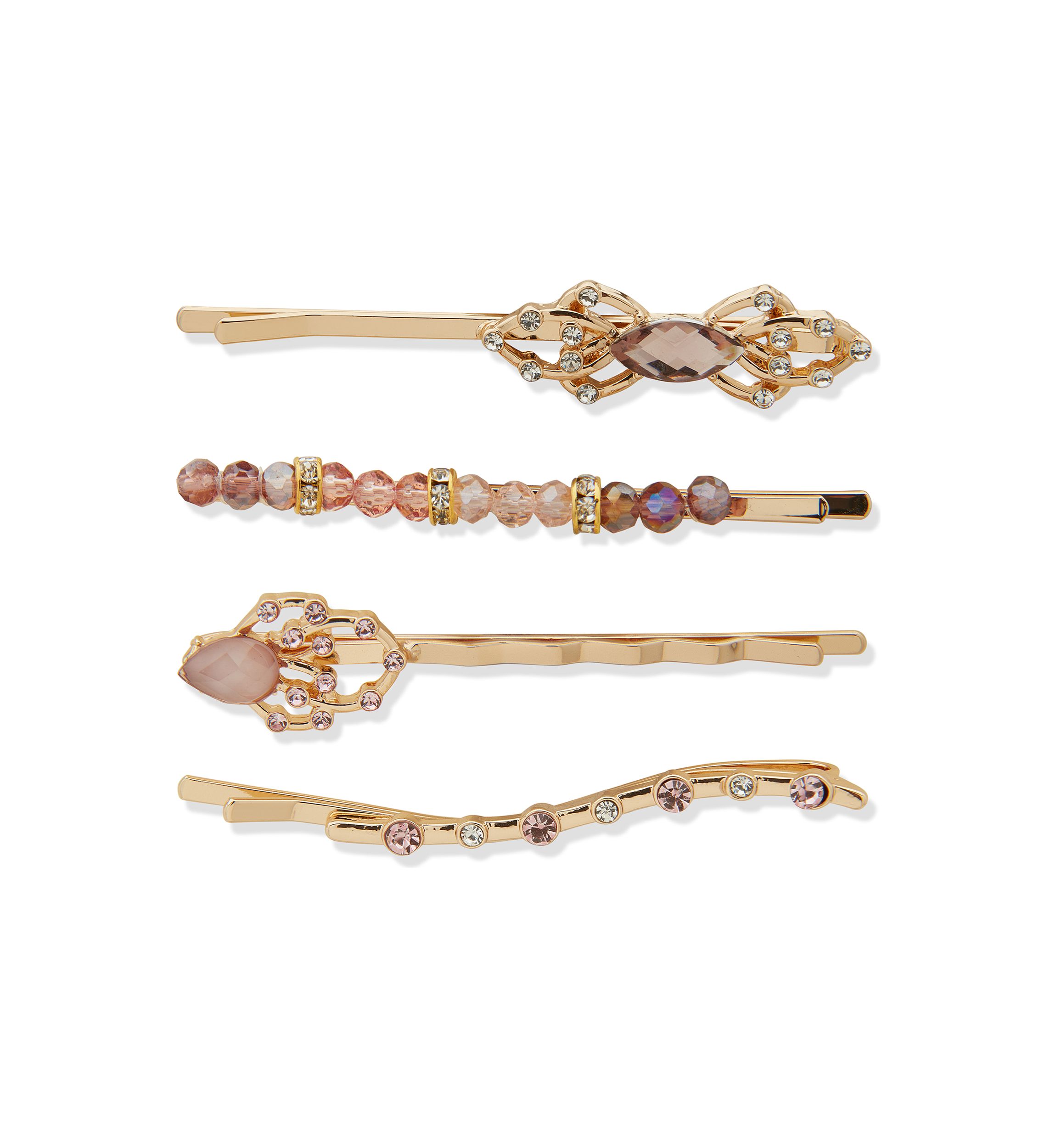 Gold Tone  4 Beaded Bobby Pins Hair Set