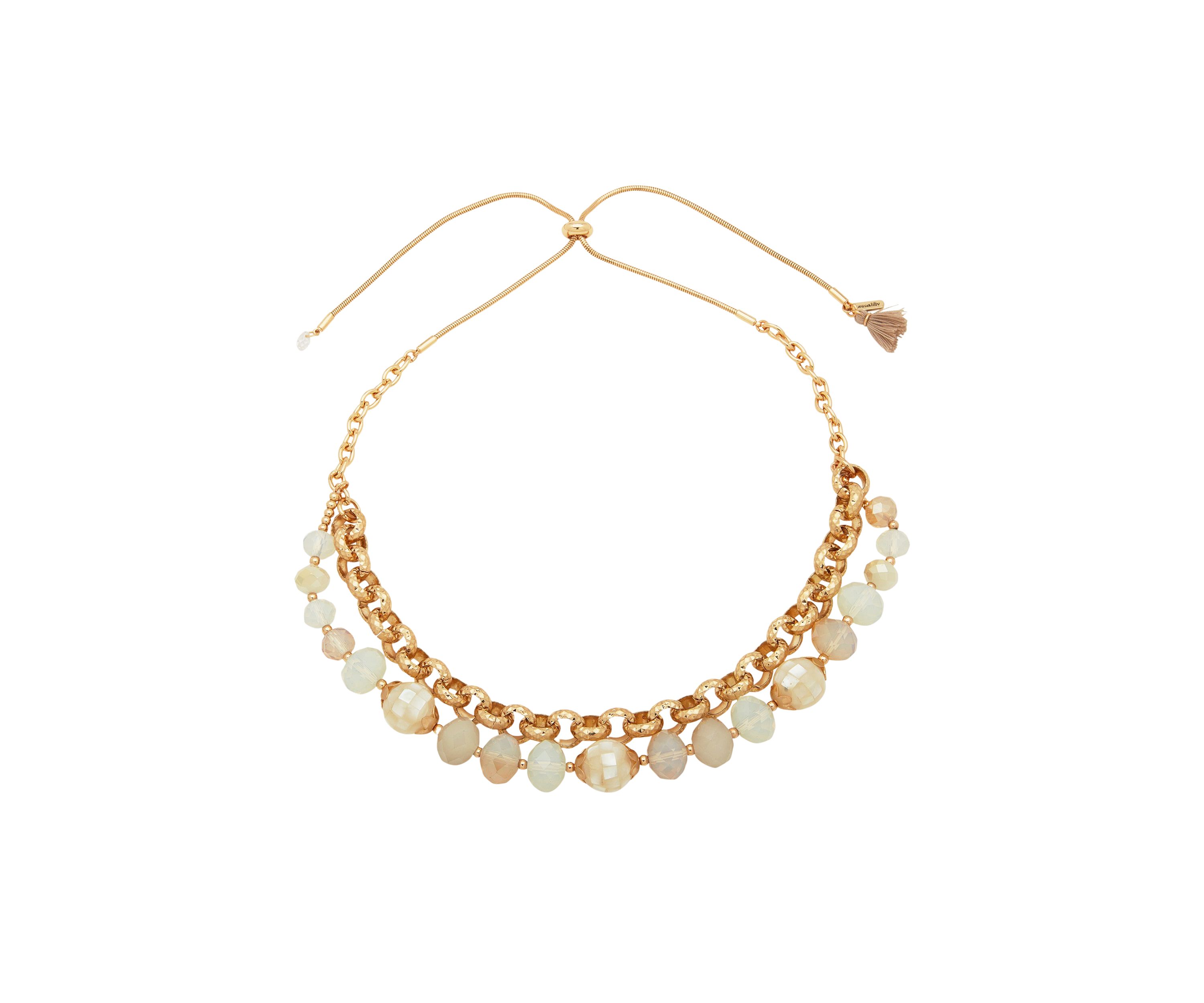 Gold Tone White Carved Bead and Chain Frontal Necklace