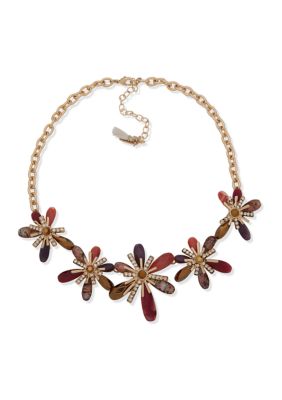 Gold Tone 16" Burgundy Floral Frontal Necklace 