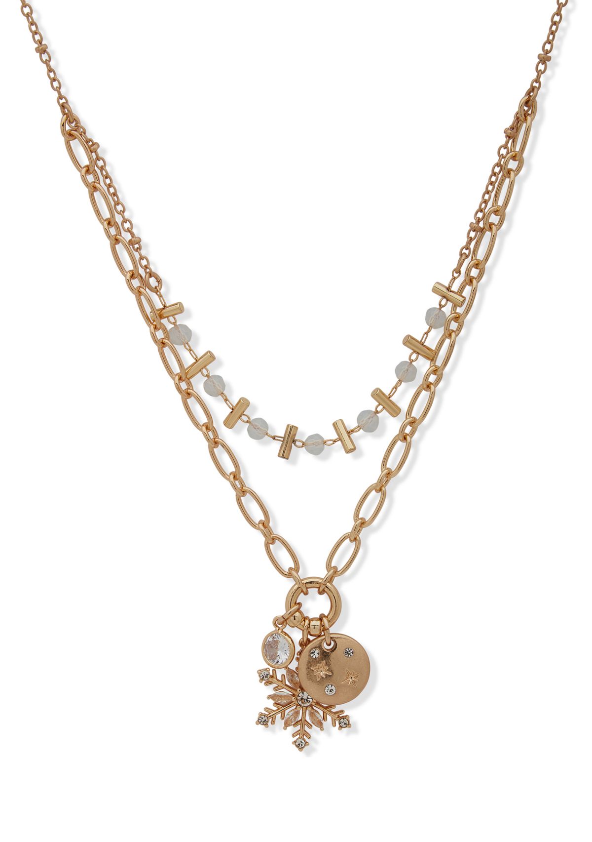 Gold Tone 16 Crystal Snowflake Pendant Necklace