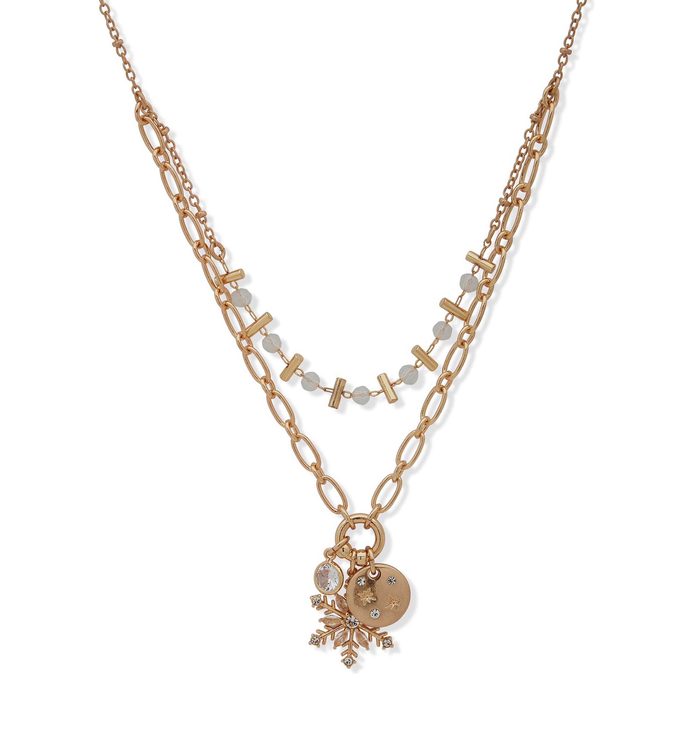 Gold Tone 16 Crystal Snowflake Pendant Necklace