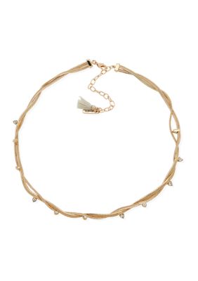 Gold Tone Crystal Stone Twist Chain Collar Necklace