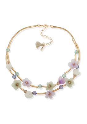 Gold Tone 16'' Multicolor Flower Beaded Frontal Necklace