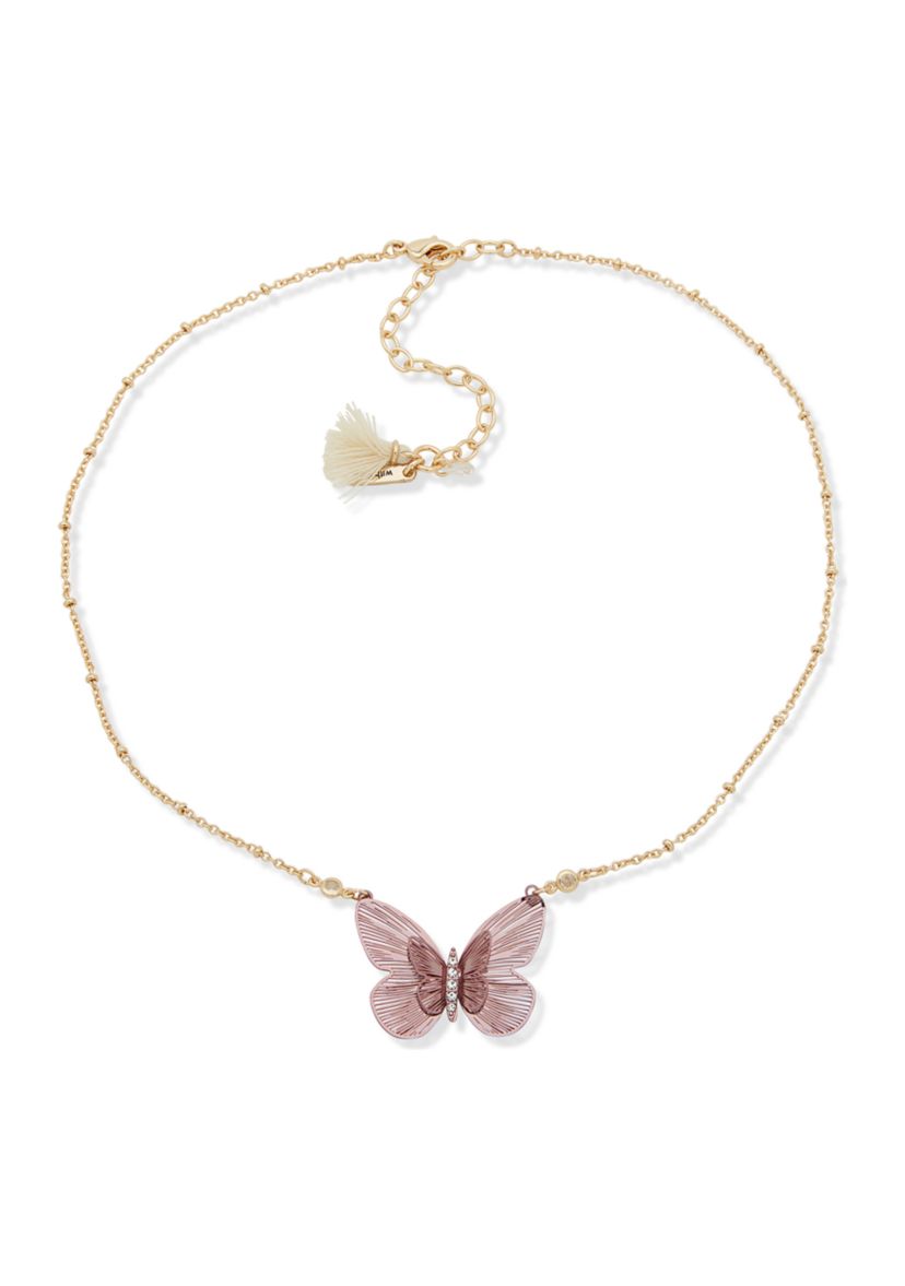 Gold Tone 16" Burgundy Butterfly Pendant Necklace