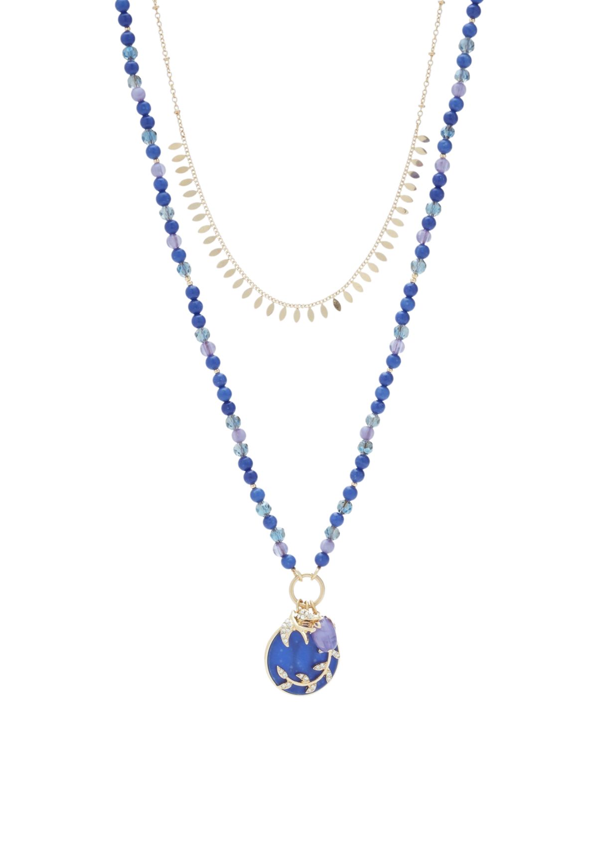 Gold Tone Dark Blue Beaded Multi Row Pendant Necklace