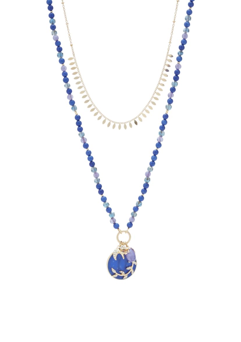 Gold Tone Dark Blue Beaded Multi Row Pendant Necklace