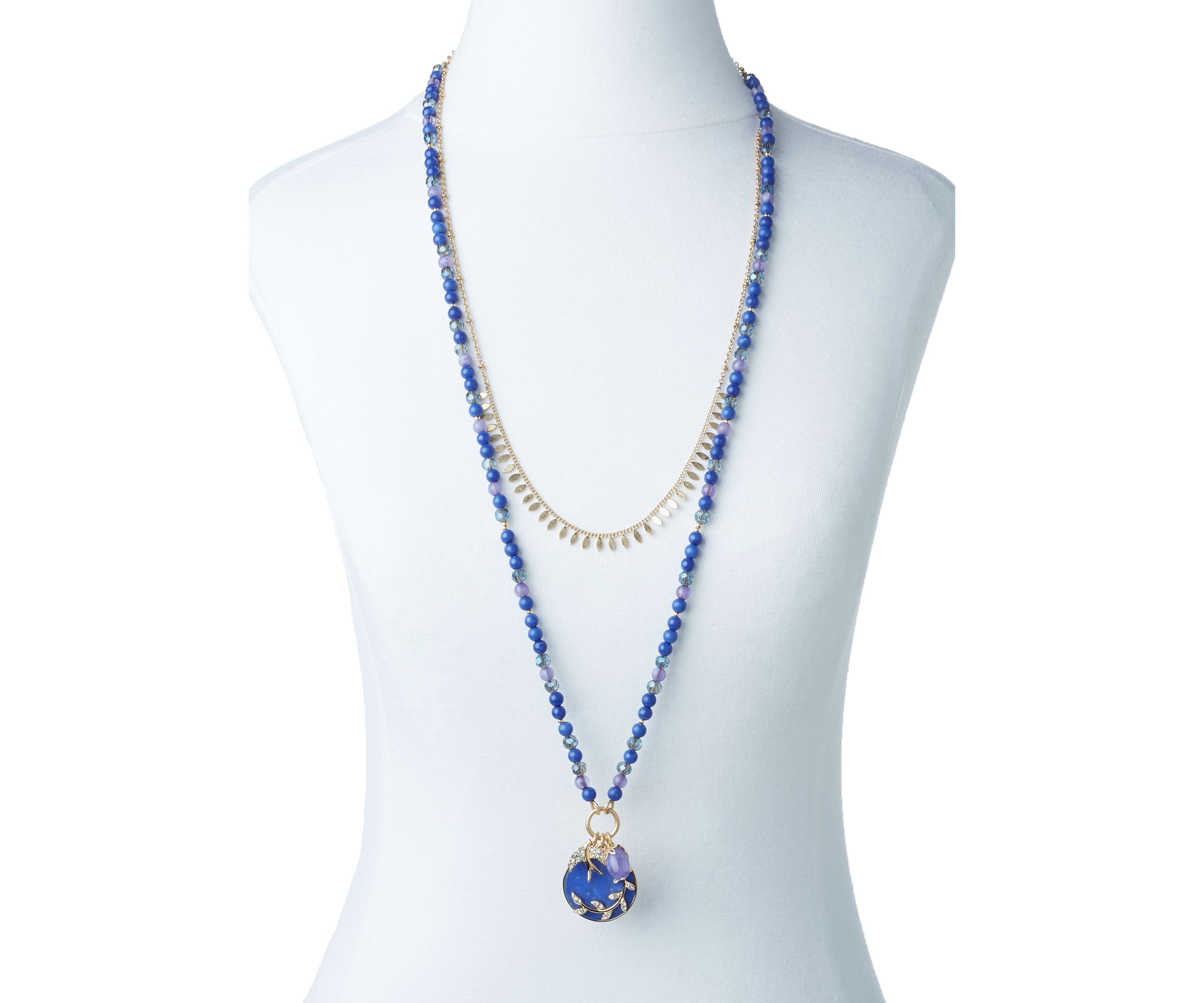 Gold Tone Dark Blue Beaded Multi Row Pendant Necklace