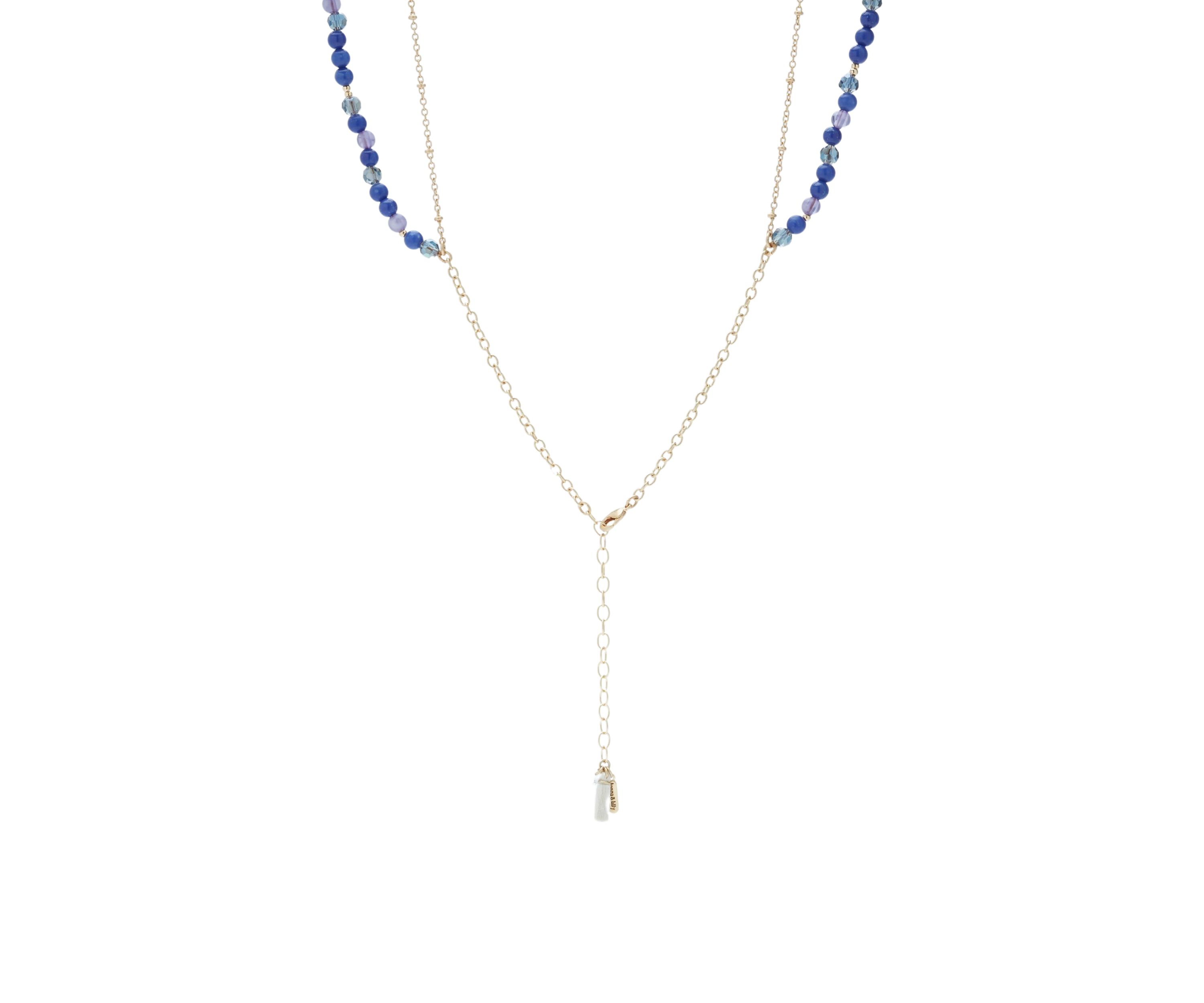 Gold Tone Dark Blue Beaded Multi Row Pendant Necklace