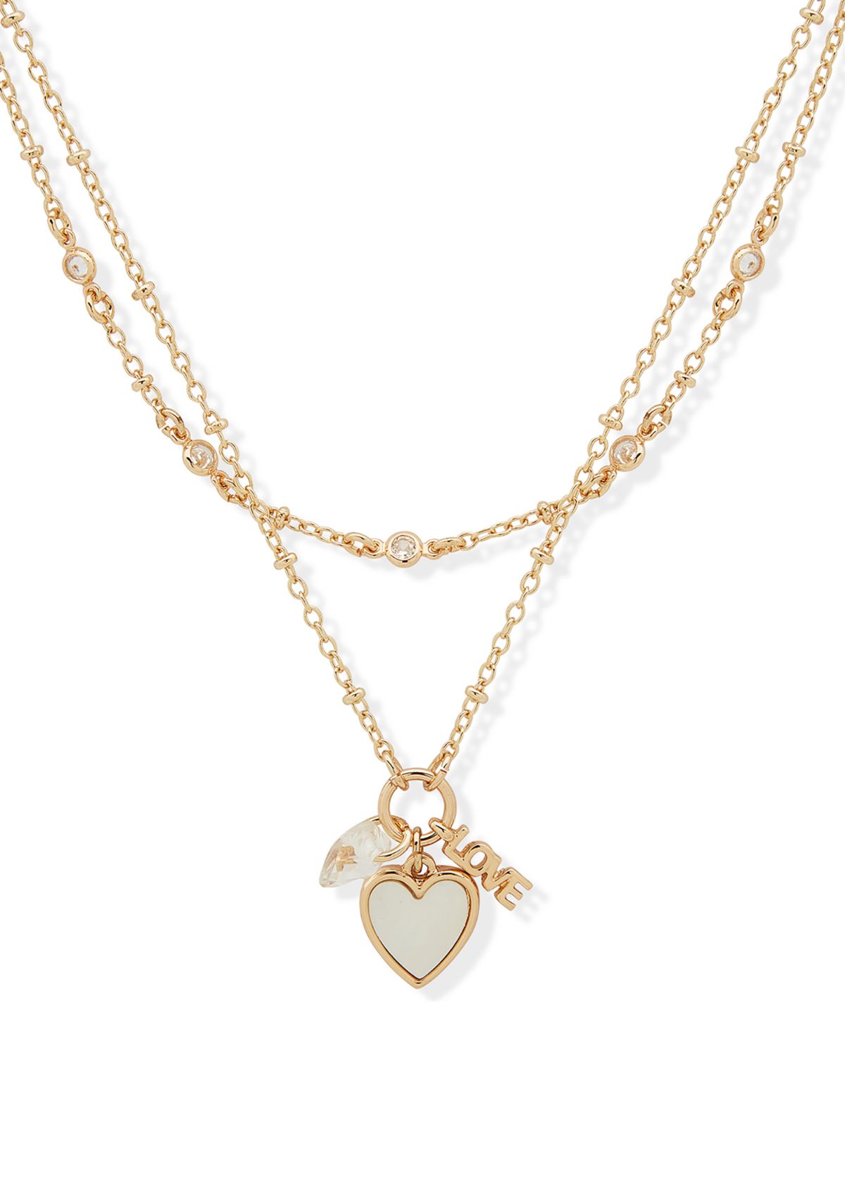 Gold Tone White 2 Row Heart Pendant Necklace
