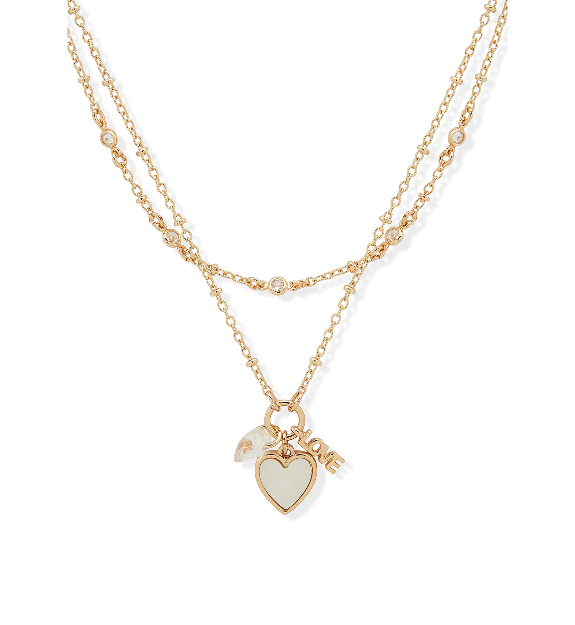 Gold Tone White 2 Row Heart Pendant Necklace