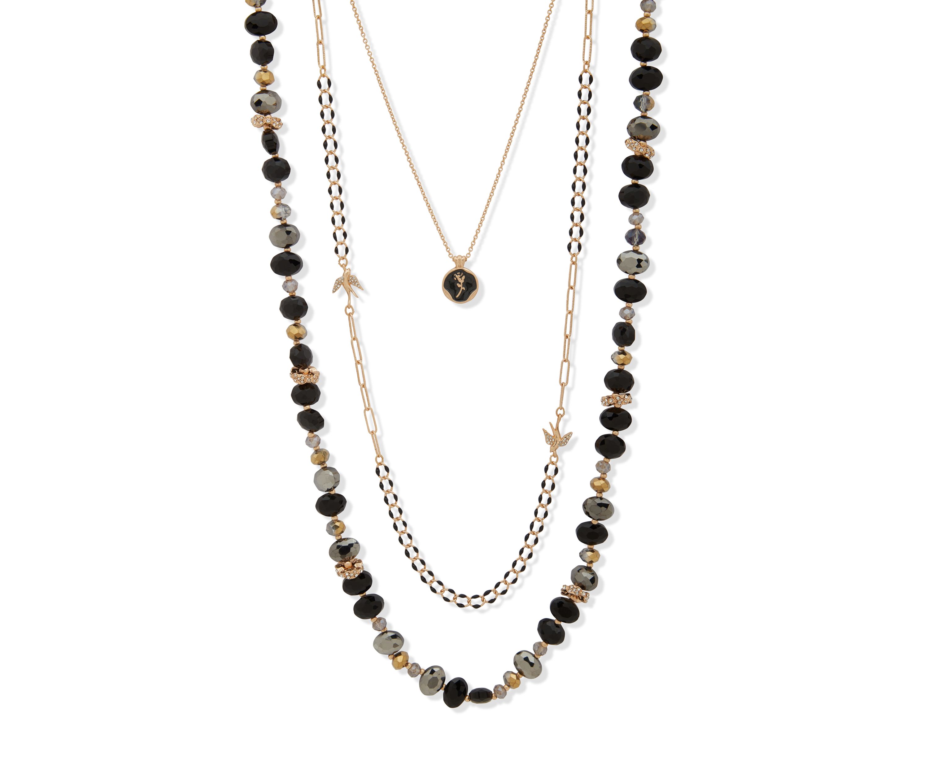 Gold Tone Black Beaded Multi Row Necklace