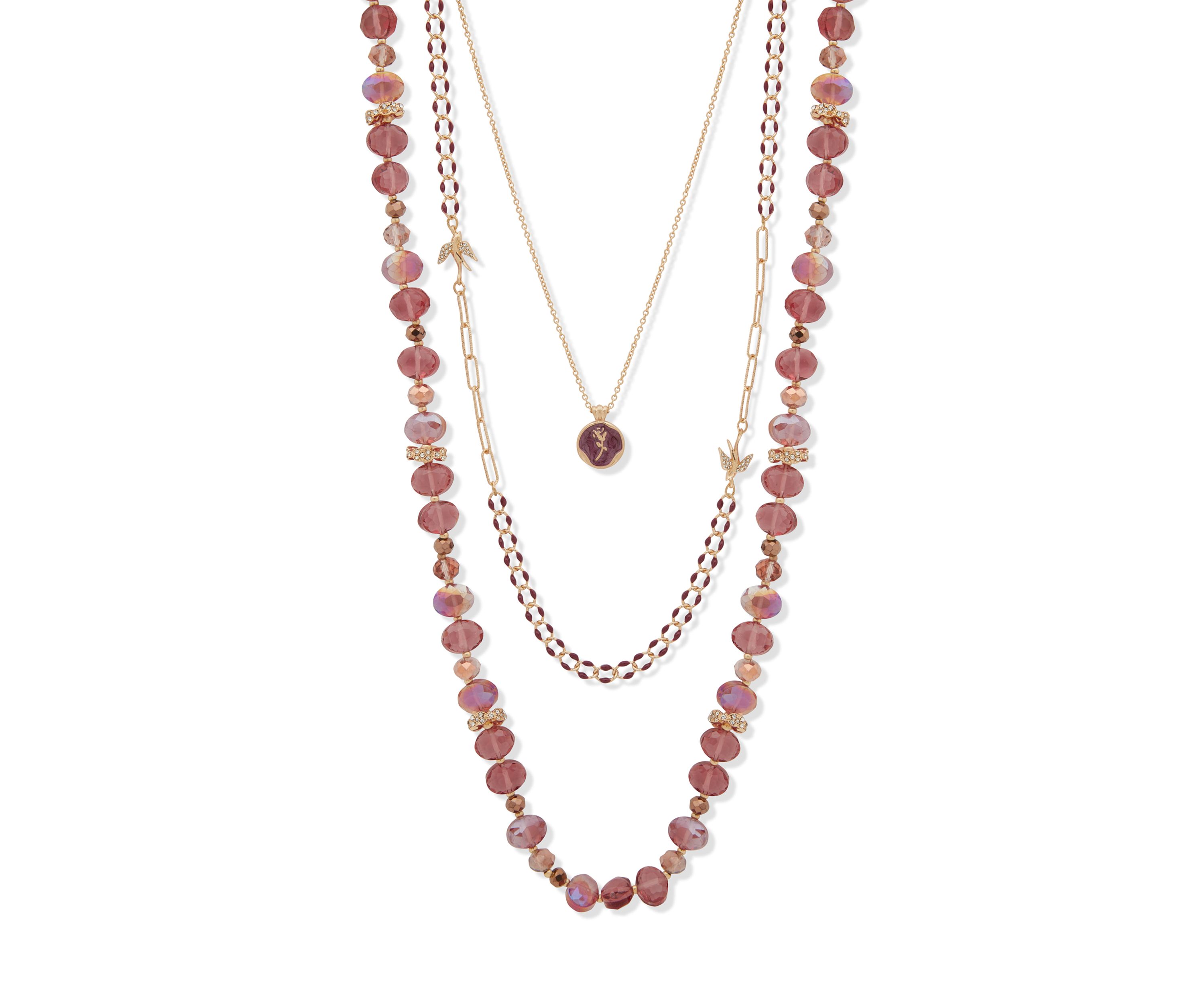 Gold Tone Burgundy 32" Beaded Multi Row Necklace